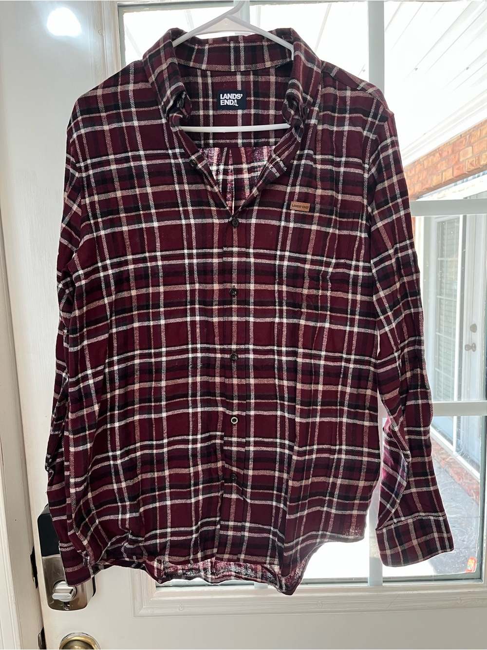 Lands' End Men's Maroon and White Plaid Button-Down Shirt